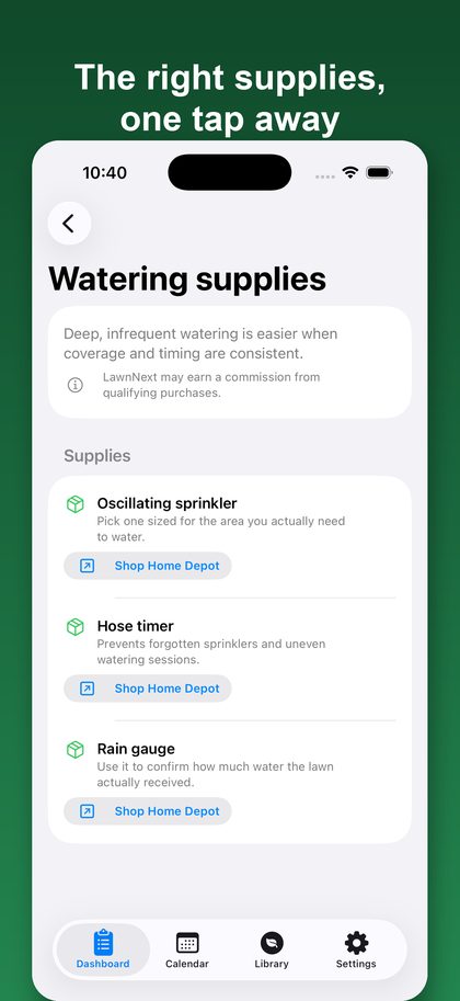 LawnNext watering supplies screen with product recommendations