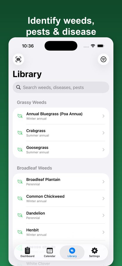 LawnNext library screen listing grassy and broadleaf weeds