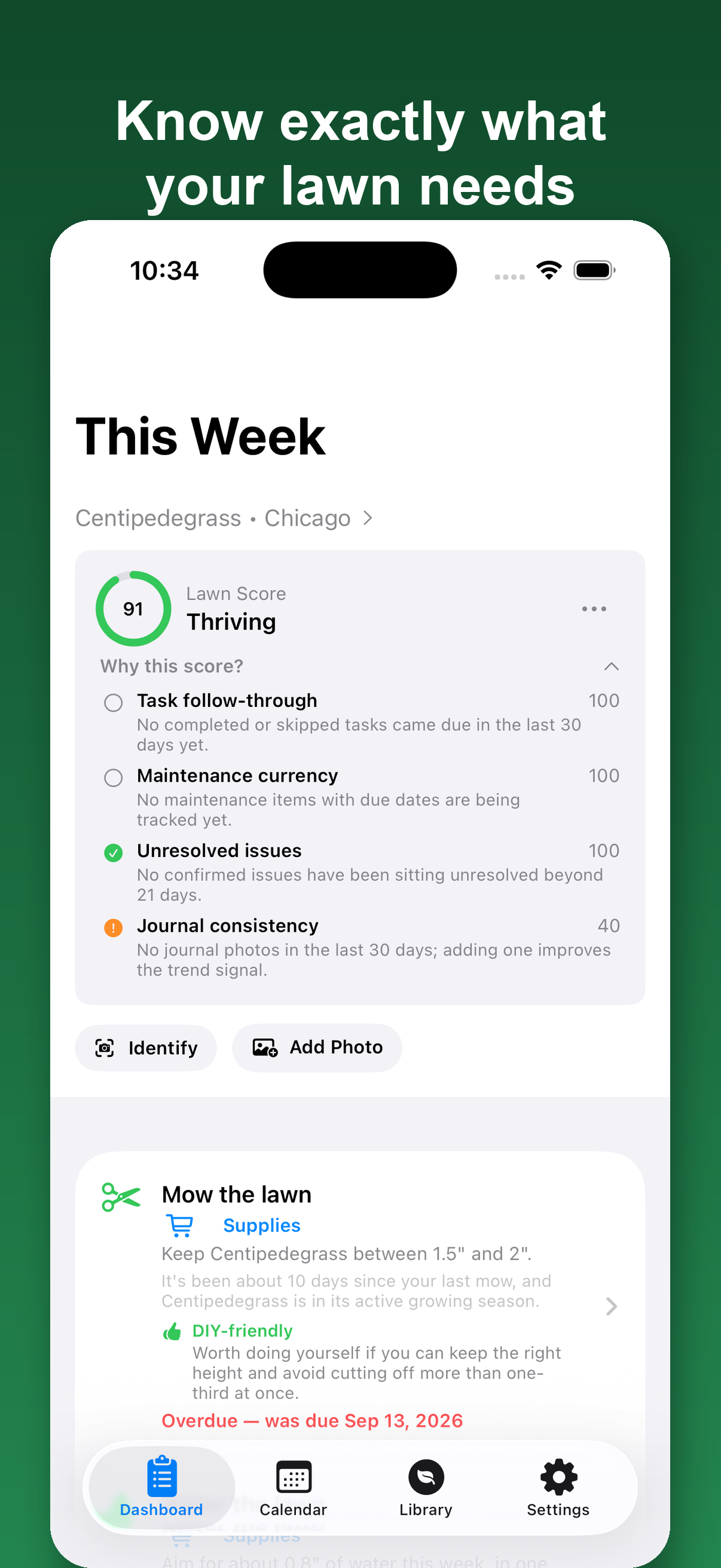 LawnNext dashboard showing lawn score and weekly tasks